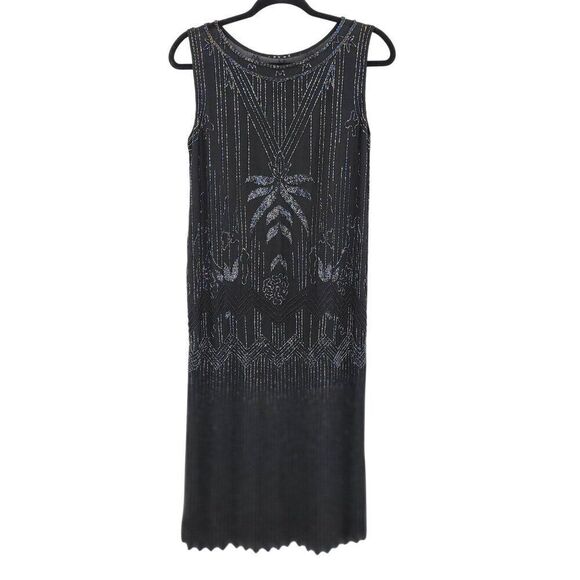 Vtg 80s Does 20s Black Oil Slick Beaded Silk Flapper Dress Sz M Great Gatsby - Picture 14 of 14